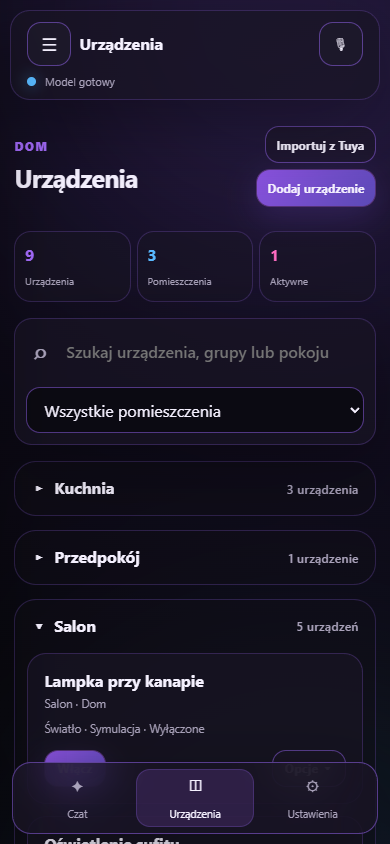 Prawdziwy widok urządzeń w panelu Navo na telefonie, z danymi pokazowymi